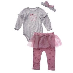 Quiltex Girls  Bows 3Pc Tutu Legging Set & Headband, Grey